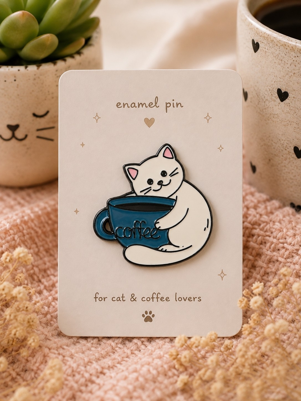 Cat & Coffee Enamel Pin - Cream Cat with Blue Mug New